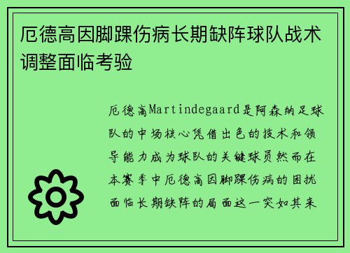 厄德高因脚踝伤病长期缺阵球队战术调整面临考验